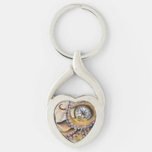 Brown Octopus Vintage Map Compass Key Ring