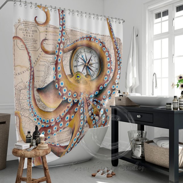 Brown Octopus Vintage Map Compass Shower Curtain (Creator Uploaded)
