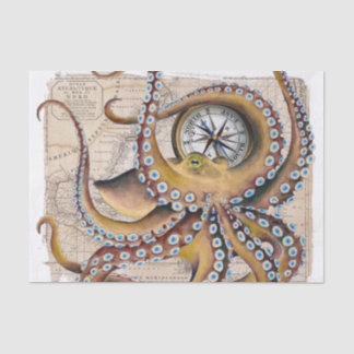 Brown Octopus Vintage Map Compass Tissue Paper