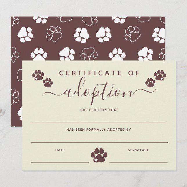 Brown Off-White Paw Prints Certificate of Adoption (Front/Back)