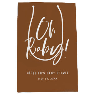 Brown Oh Baby Simple Calligraphy Baby Shower Medium Gift Bag