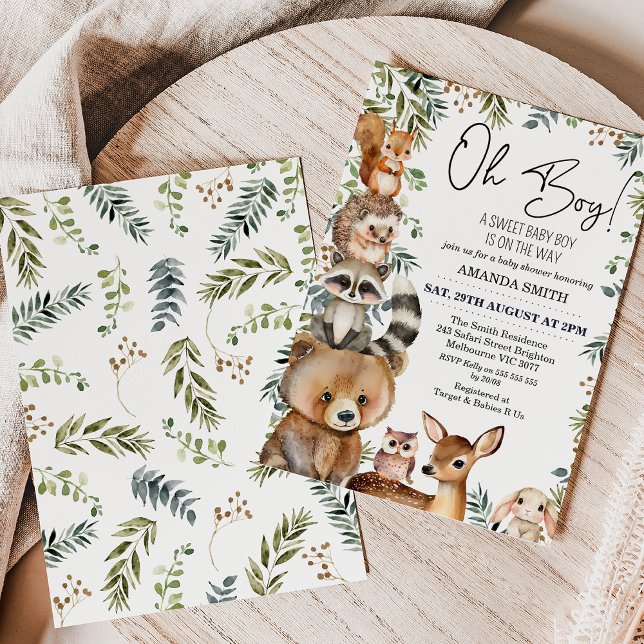 Brown Oh Boy Woodland Foliage Baby Shower Invitation (Sweet woodland themed boy's baby shower invitation featuring seven cute animals and some greenery.)