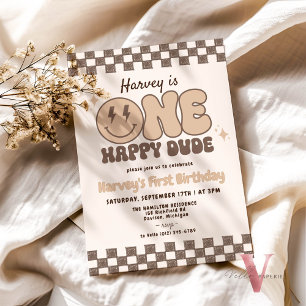 Brown ONE HAPPY DUDE Smile Retro Groovy Birthday Invitation