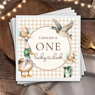 Brown One Lucky Duck Balloon 1st Birthday Napkins