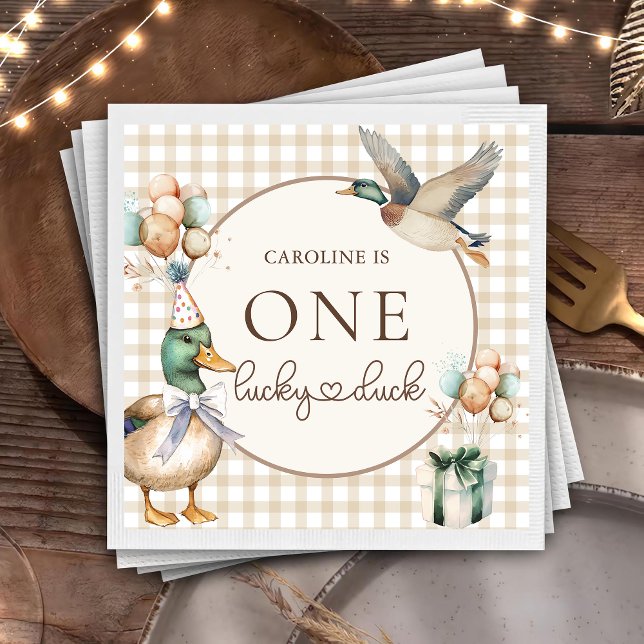 Brown One Lucky Duck Balloon 1st Birthday Napkins (Creator Uploaded)