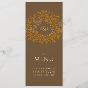Brown orange botanic leaf drawing monogram wedding menu