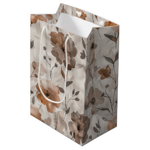 Brown Orange Cream Flowers Birthday Medium Gift Bag