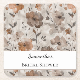 Brown Orange Cream Flowers Bridal Shower Square Paper Coaster