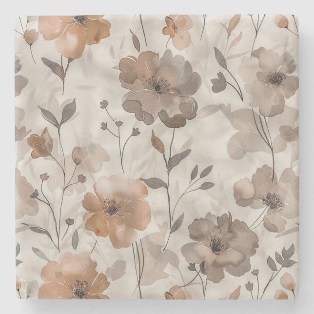 Brown Orange Cream Flowers Stone Coaster (Front)