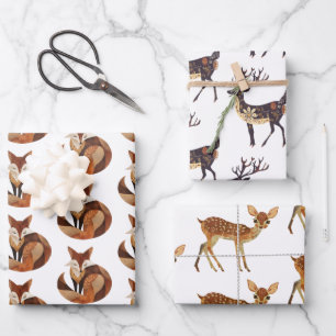 Brown Orange Cream Fox and Deer Wrapping Paper Sheet