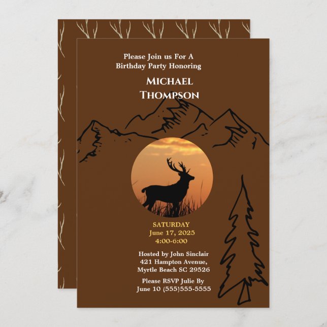 Brown Orange Deer Sunset  Birthday Invitation (Front/Back)