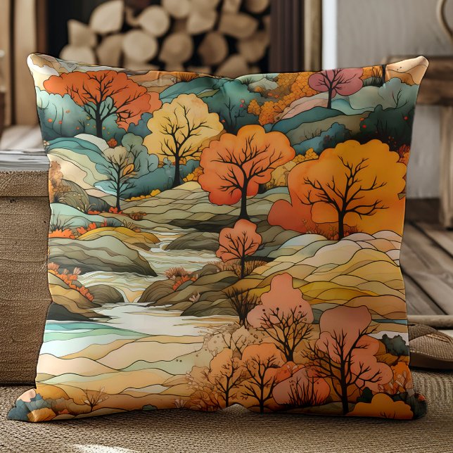 Brown Orange Fall River Trees Landscape Cushion (Orange, brown, teal trees and river decorator pillow)