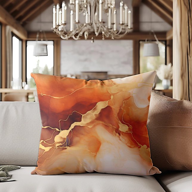 Brown Orange Gold Marbled Alcohol Ink Cushion (Brown, orange, and gold alcohol ink decorator pillow)