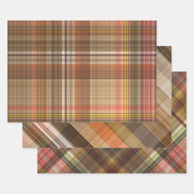 BROWN ORANGE GOLD TAN AUTUMN PLAID PATTERN WRAPPING PAPER SHEET (Set)