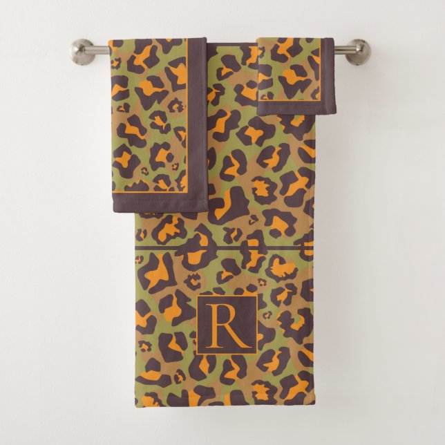 Brown, orange, green leopard print and monogram bath towel set (Insitu)