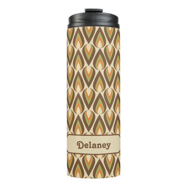 Brown, Orange, Green Retro Geometric Teardrops Thermal Tumbler (Front)