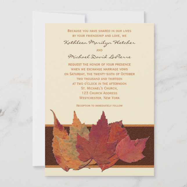 Brown Orange Ivory Dried Leaves Wedding Invitation (Front)