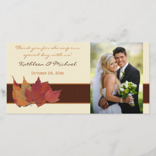 Brown Orange Ivory Dried Leaves Wedding Photo Card