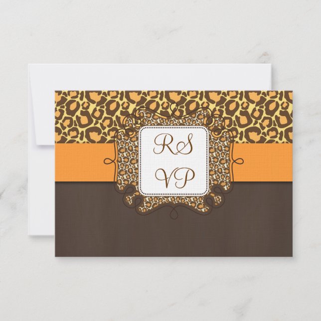 Brown Orange Leopard Print Wedding RSVP Cards (Front)