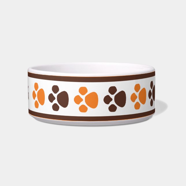 Brown & Orange Paw Prints Personalised Cat Bowl (Right)