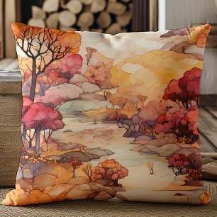 Brown Orange Red Fall River Trees Landscape Cushion