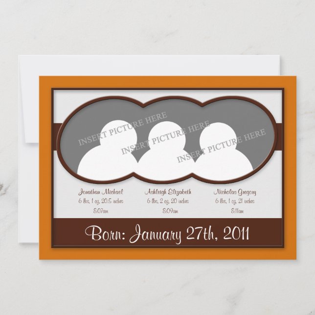 Brown Orange Triplets Birth Announcements (Front)