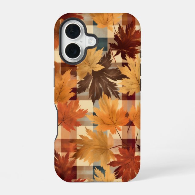 BROWN ORANGE YELLOW FALL PLAID PATTERN & LEAVES iPhone 16 CASE (Back)