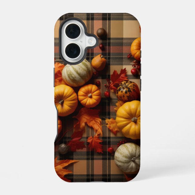 BROWN ORANGE YELLOW FALL PLAID PATTERN & PUMPKINS iPhone 16 CASE (Back)