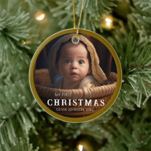 Brown Outline My First Baby Christmas Photo   Ceramic Ornament