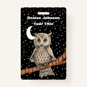 Brown Owl Golden Eyes Blue Necklace Stars Moon ID Badge