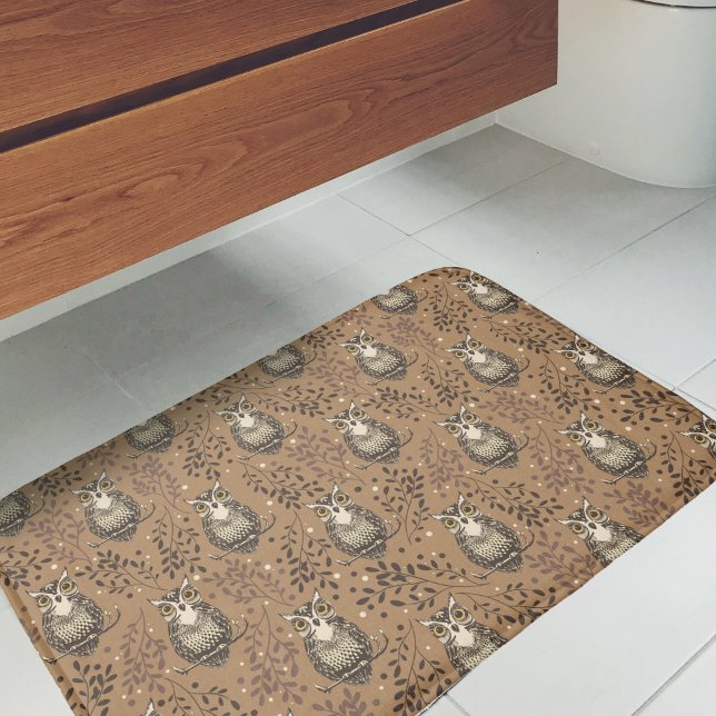 Brown Owl Illustrated Woodland Pattern Bath Mat (Owl Pattern Bath Mat)