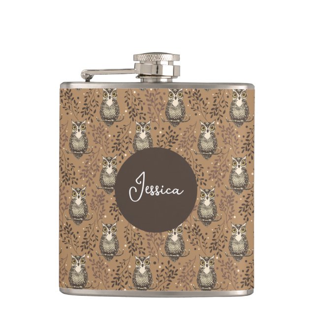 Brown Owl Illustrated Woodland Pattern Hip Flask (Front)