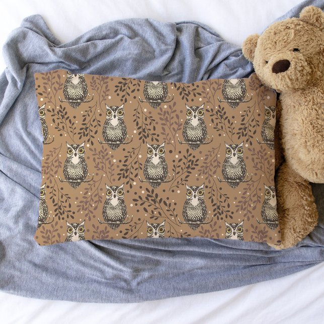 Brown Owl Illustrated Woodland Pattern Pillowcase (Owl Pillowcase)