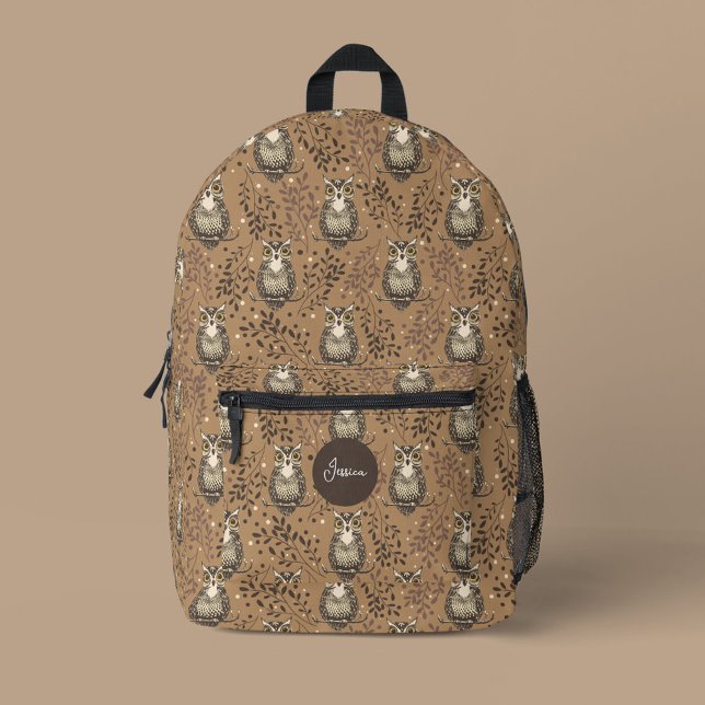 Brown Owl Illustrated Woodland Pattern Printed Backpack (Brown Woodland Owl Pattern Backpack with custom name)