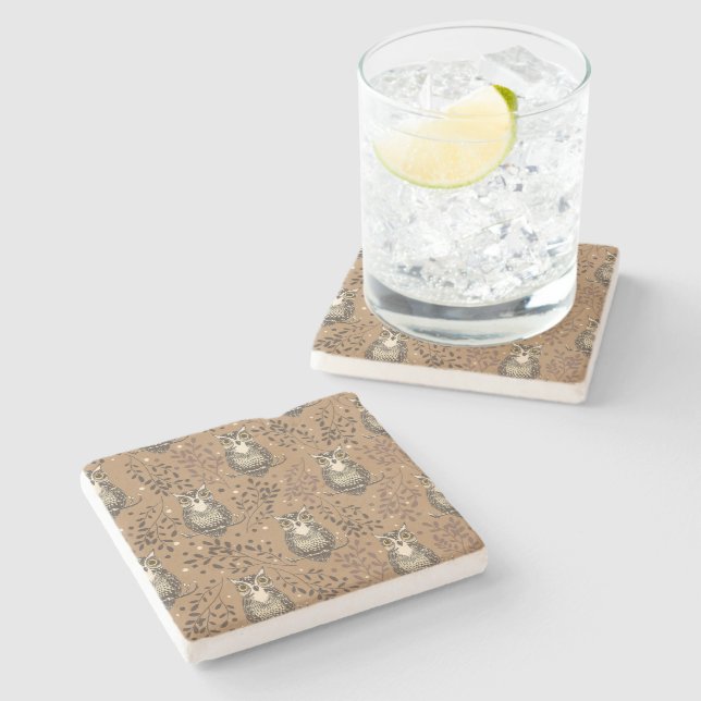 Brown Owl Illustrated Woodland Pattern Stone Coaster (Side)