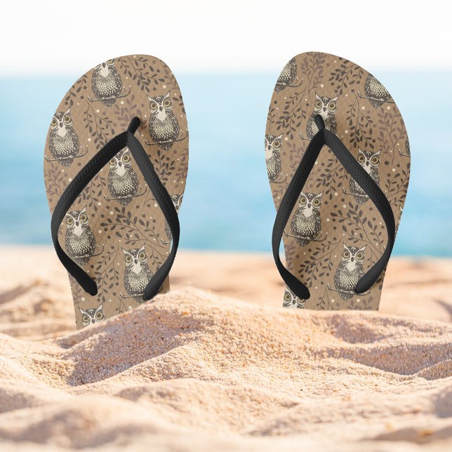 Brown Owl Illustrated Woodland Pattern Thongs (Owl Pattern Flipflops)