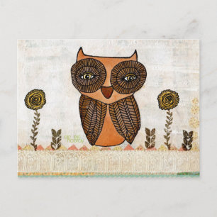 Brown Owl Lace and Flowers Mixed Media Art Postcard