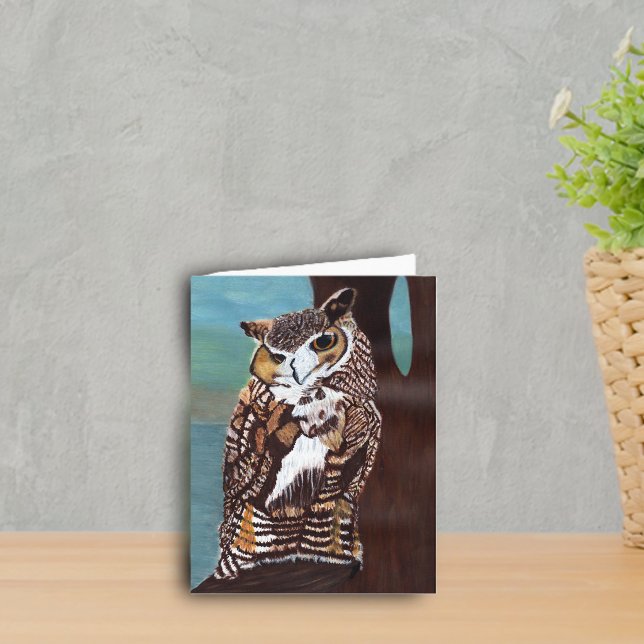Brown Owl Note Card (Brown owl golden eyes sitting in tree sky water background on notecard.)