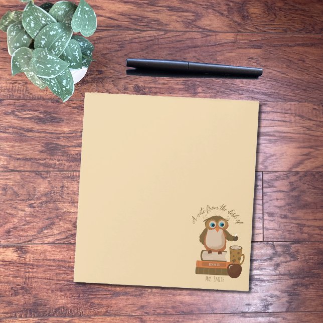 Brown Owl on Books Teacher Notepad (Personalized owl teacher notepad on a desk )