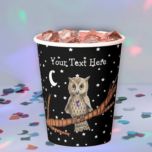Brown Owl Pretty Eyes Crystal Necklace Moon Stars Paper Cups (Owl PRetty eyes wearing purple crystal necklace on branch moon stars black night sky paper party cup)