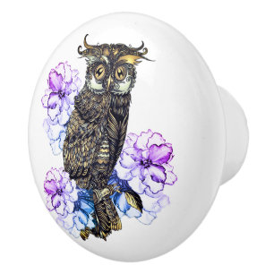 Brown Owl Purple Flowers Ceramic Knob