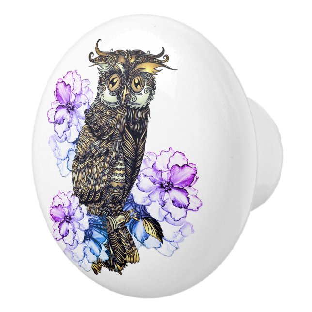 Brown Owl Purple Flowers  Ceramic Knob (Right)