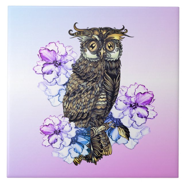 Brown Owl Purple Flowers  Ceramic Tile (Front)