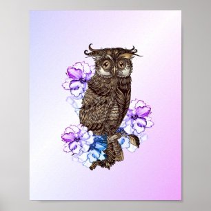 Brown Owl Purple Flowers Poster
