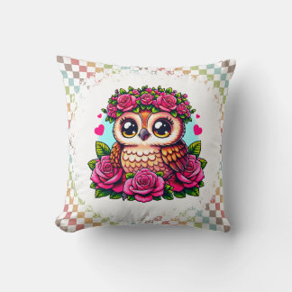 Brown Owl with Pink Rose Wreath Cushion