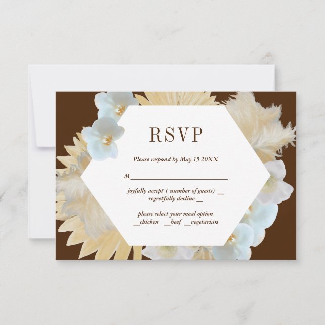 Brown Pampass grass and Orchids Wedding RSVP Card (Front)