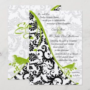 Brown Paper Black Damask Apple Green Vintage Bird Invitation
