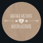 Brown Paper Inspired White Arrows Wedding Sticker<br><div class="desc">An outdoors evening wedding sticker featuring an illustration of a heart between two arrows.  Background is brown paper inspired.  Personalise the text with your names.</div>