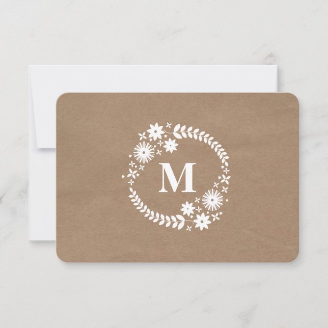 Brown Paper Inspired White Wreath Monogram RSVP (Front)