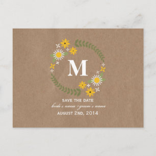 Brown Paper Inspired Wildflower Monogram Save Date Announcement Postcard